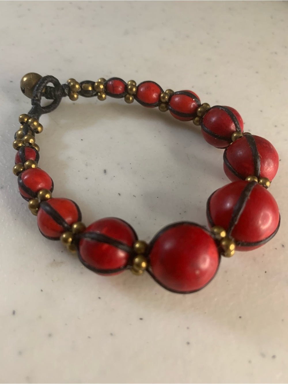 Red Coral Brass Beaded Leather Strap Women's Bracelet - Unbranded